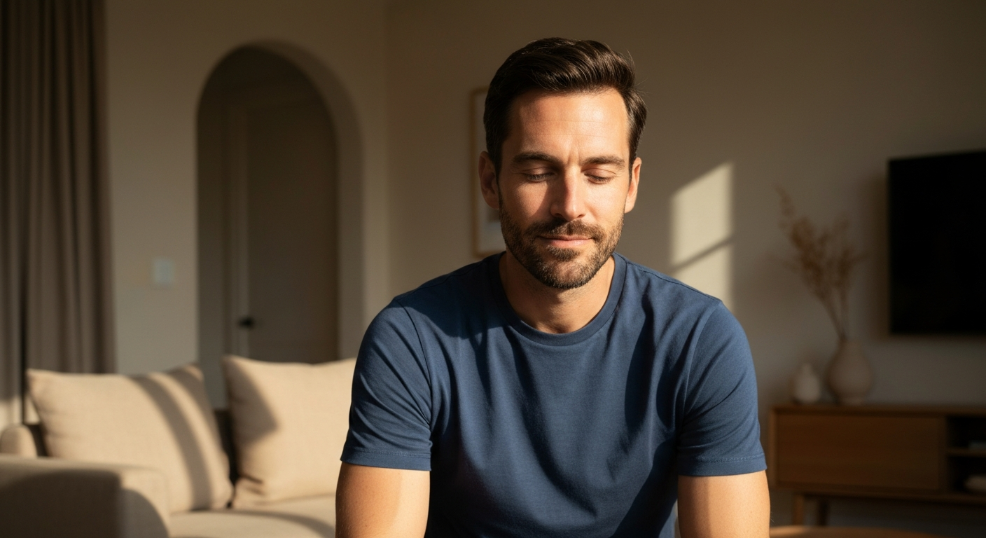 A homeowner calmly reviewing plans in a sunlit kitchen