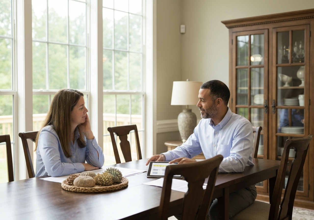 Professional real estate advisor consulting calmly with a homeowner