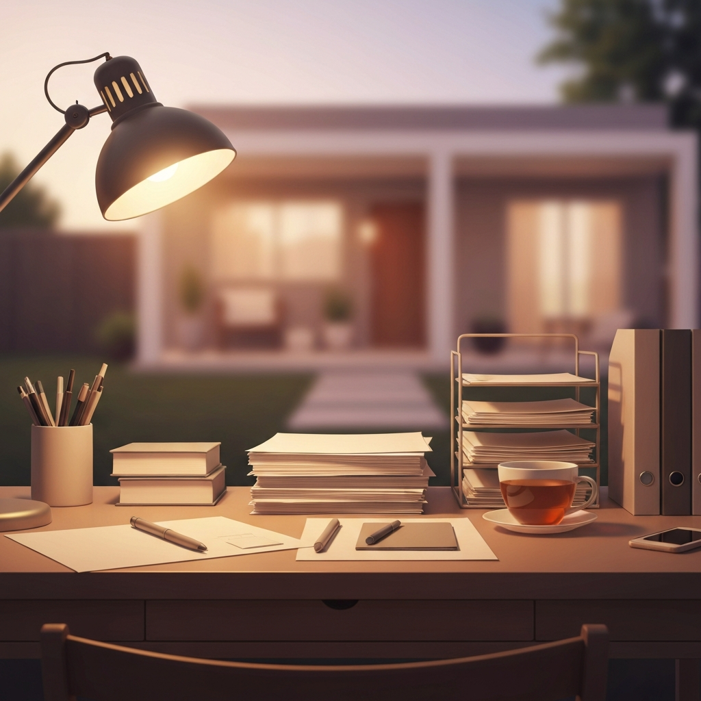 A calm, organized desk with a home in the background, representing clarity