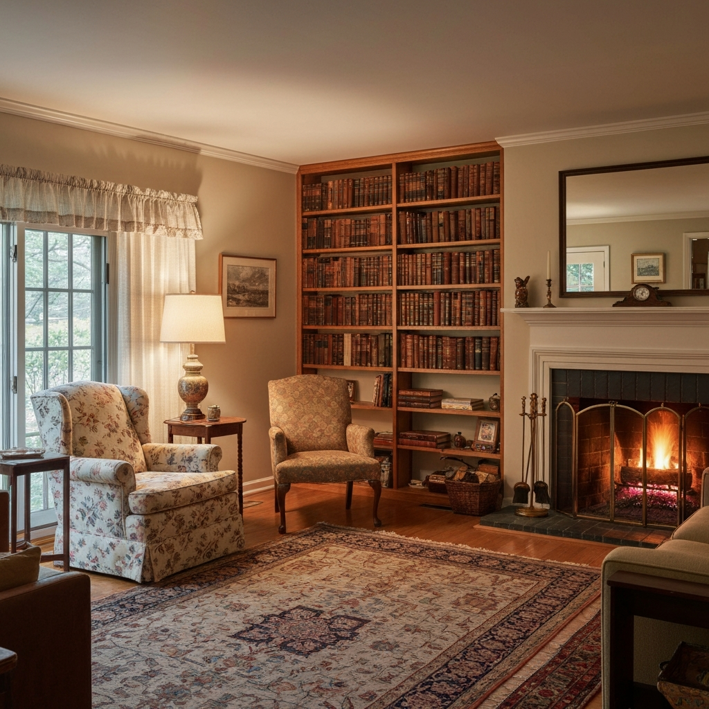 A quiet, emotionally grounded home interior representing decades of memories
