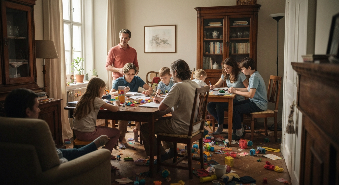 Family navigating a busy home