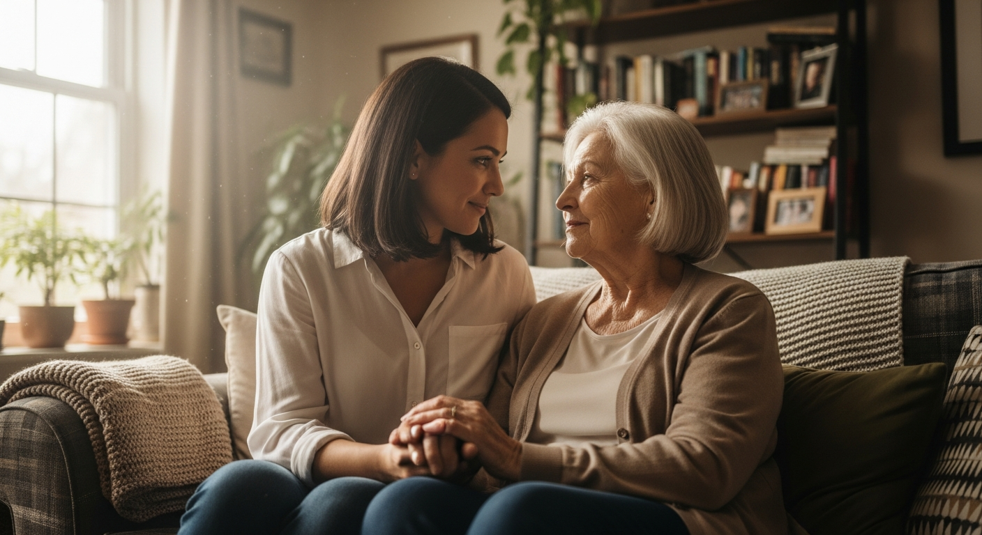Compassionate conversation between adult daughter and senior mother discussing life transitions.