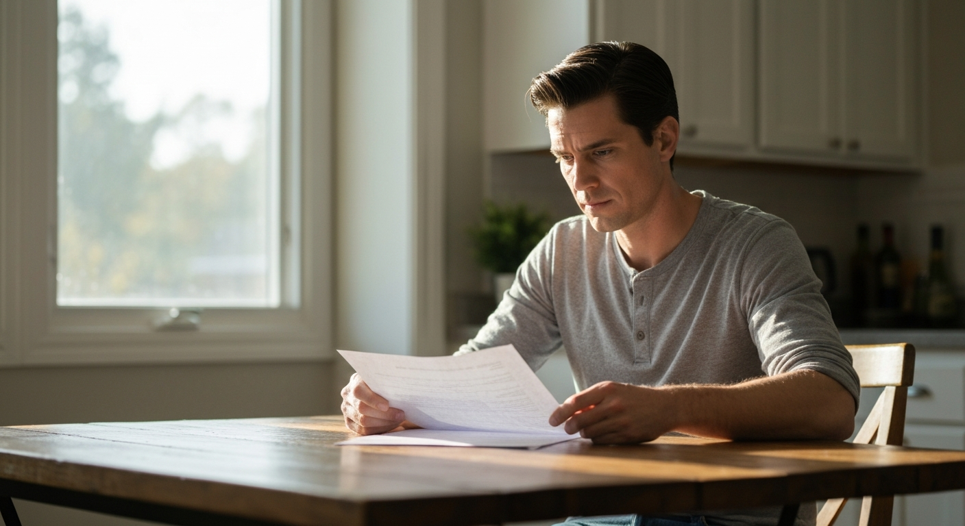 A calm, reflective homeowner reviewing property details with quiet determination
