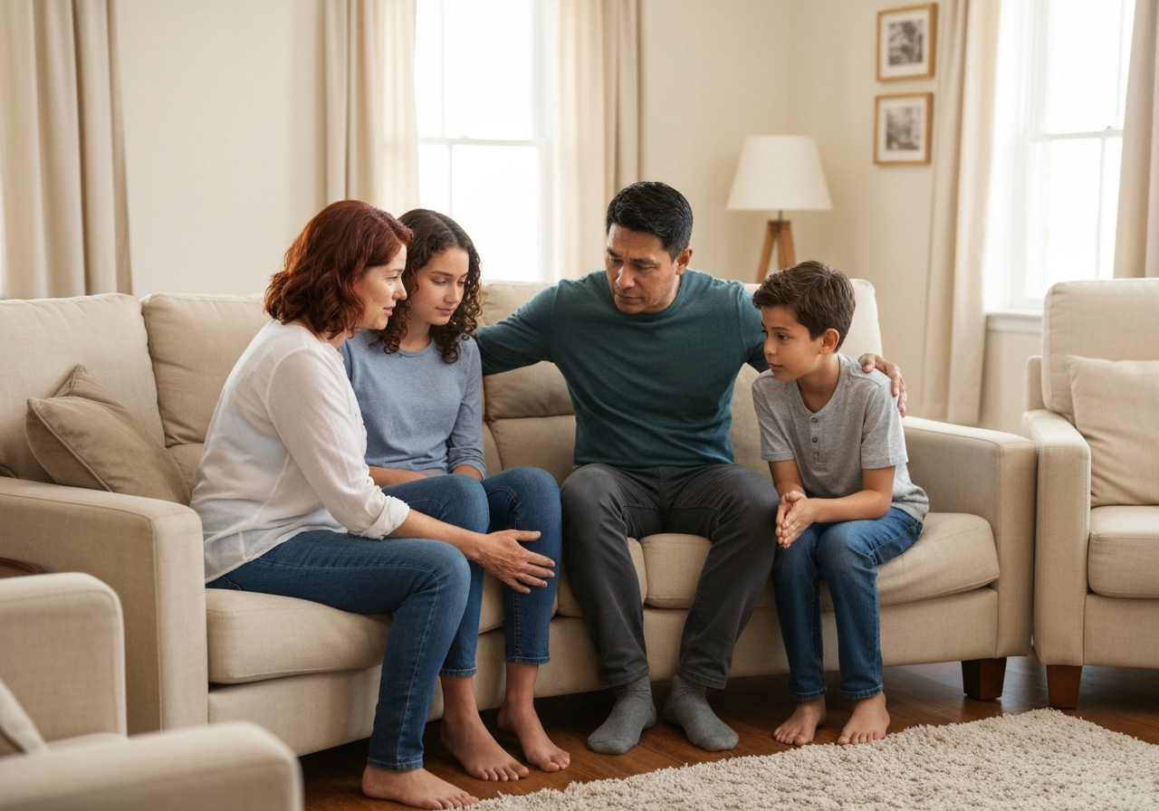A family having an emotional conversation about their home
