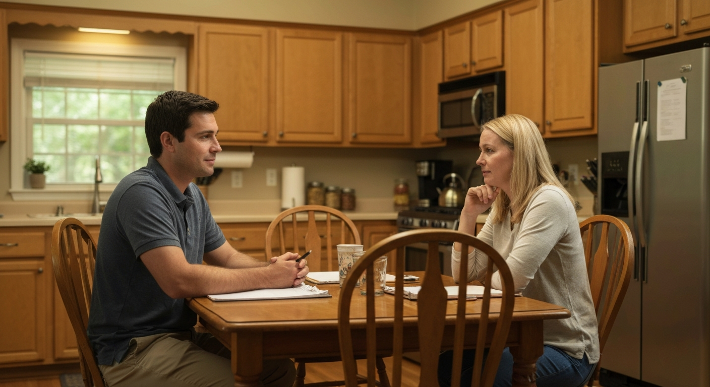 A calm family conversation reviewing documents together