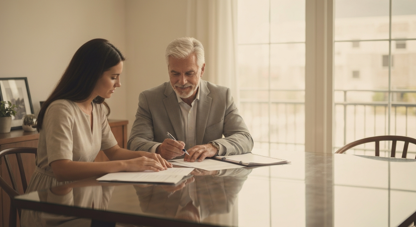 Senior and realtor discussing paperwork facilitating a smooth transition and proactive planning.