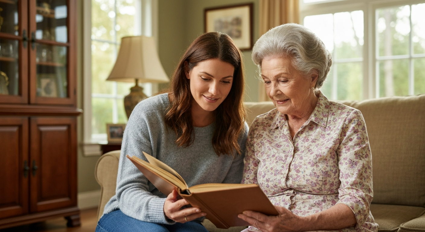 Adult daughter and elderly mother looking at photos together, sharing a supportive moment