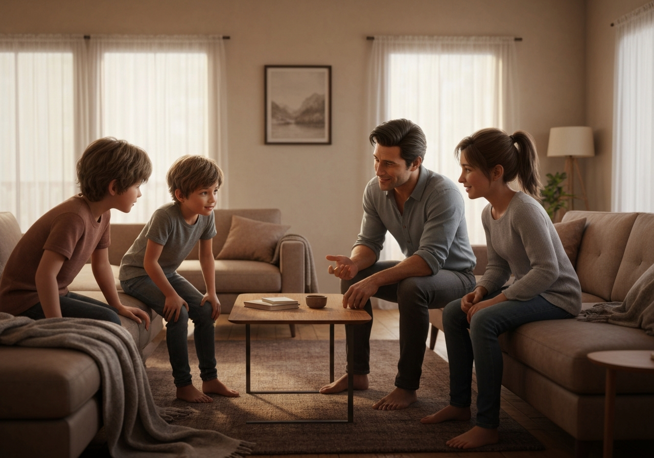 A family having a calm, supportive conversation about their future
