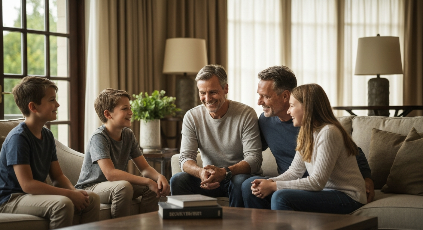 A calm family conversation in a comfortable home setting