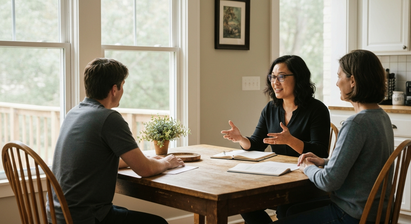 A calm, practical conversation around the kitchen table about home selling options