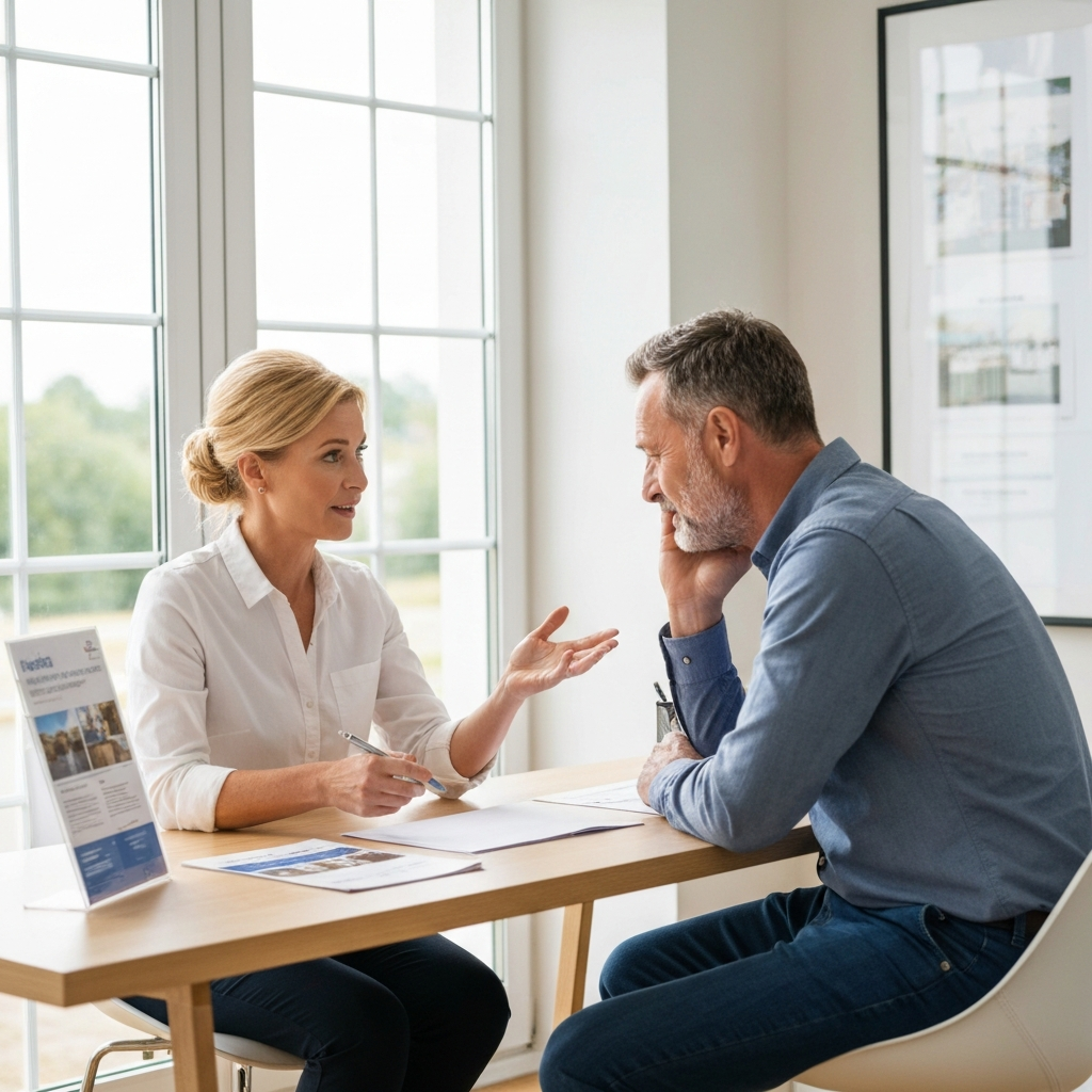 A professional advisor offering compassionate guidance to a stressed homeowner