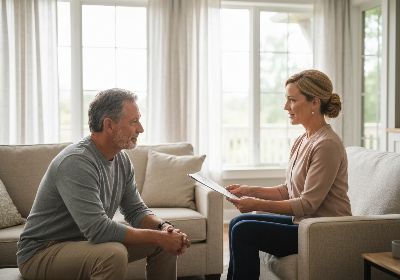 A professional real estate advisor discussing options with a relieved homeowner