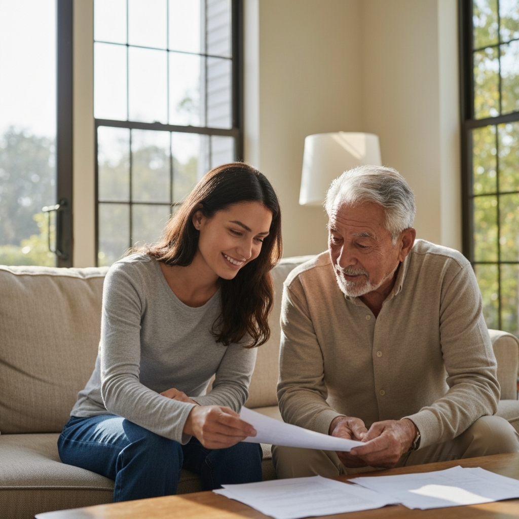 Adult daughter and elderly father having a calm, supportive conversation in a sunlit living room