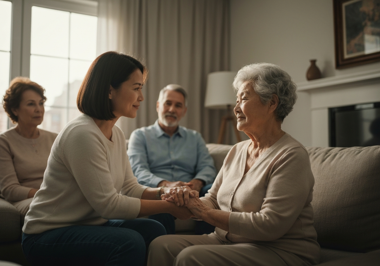Compassionate family conversation and support during senior transition.
