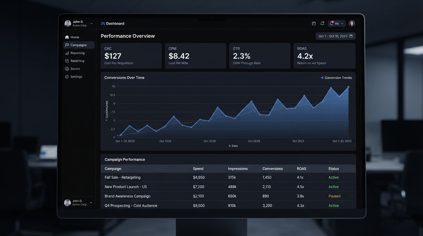 Ad platform dashboard showing CAC, CPM, CTR, and ROAS metrics with conversion trends