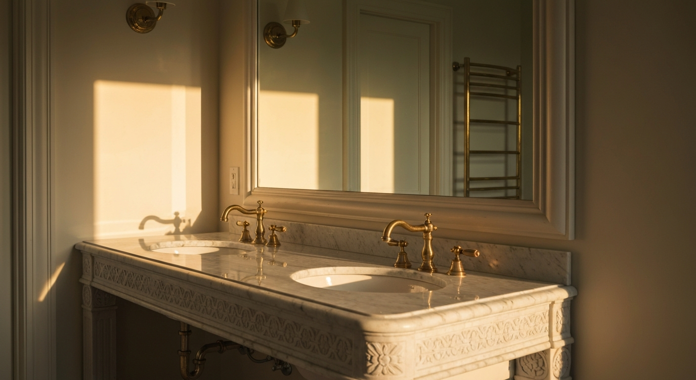 Custom mirror above a dual-sink vanity in a Fredericksburg bathroom.