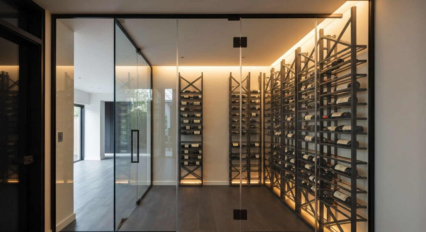 Glass-walled home wine room in a Northern Virginia custom home.