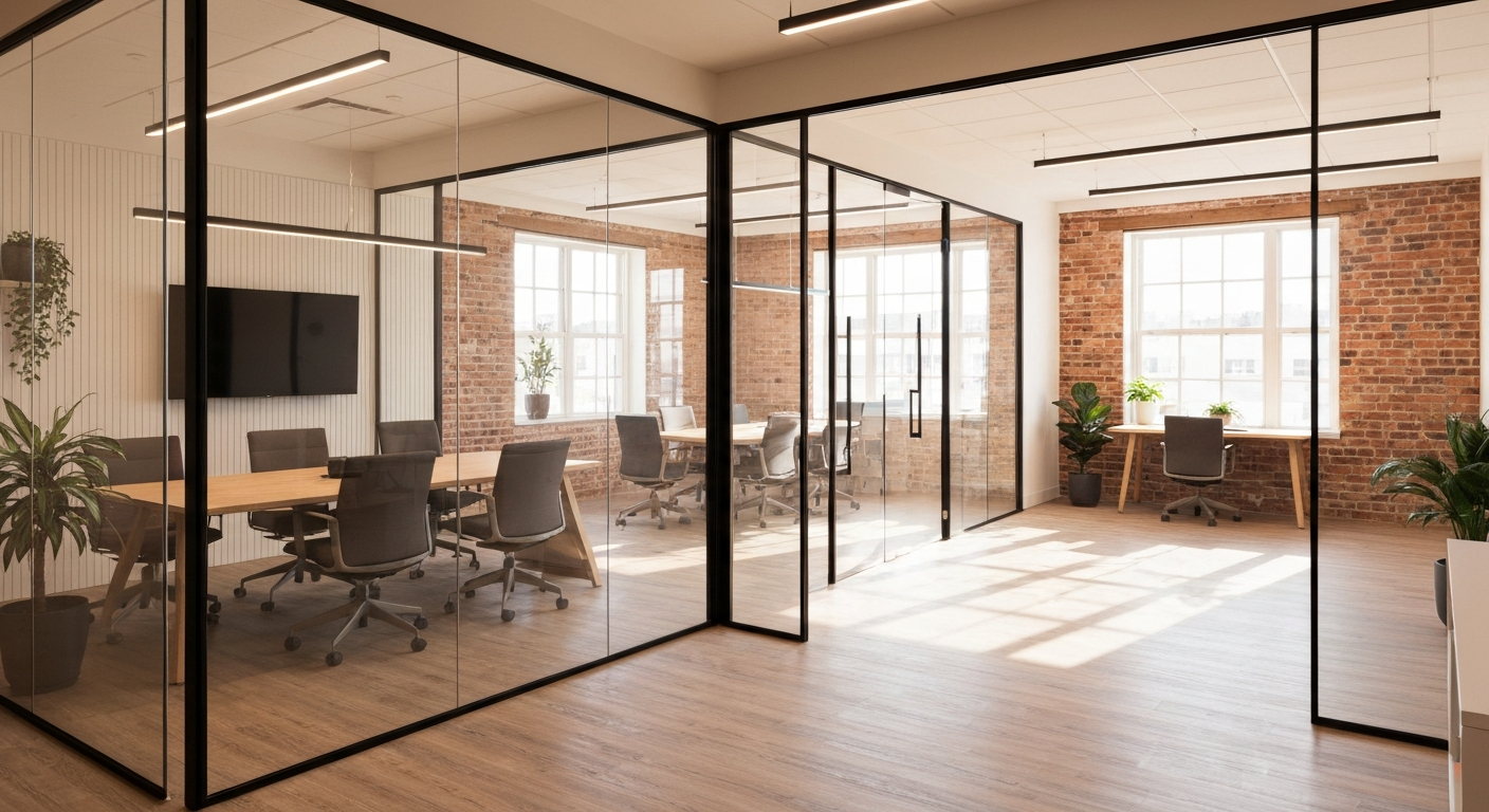 Office glass partitions installed in a Fredericksburg business office.