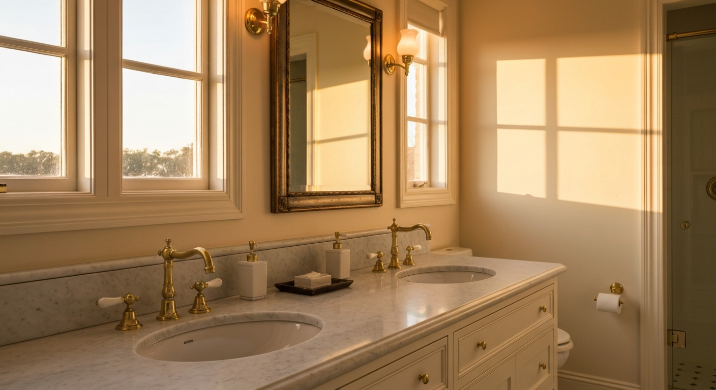 Custom mirror above a dual-sink vanity in a Fredericksburg bathroom.