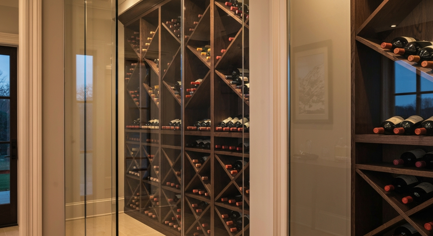 Glass-walled home wine room in a Northern Virginia custom home.
