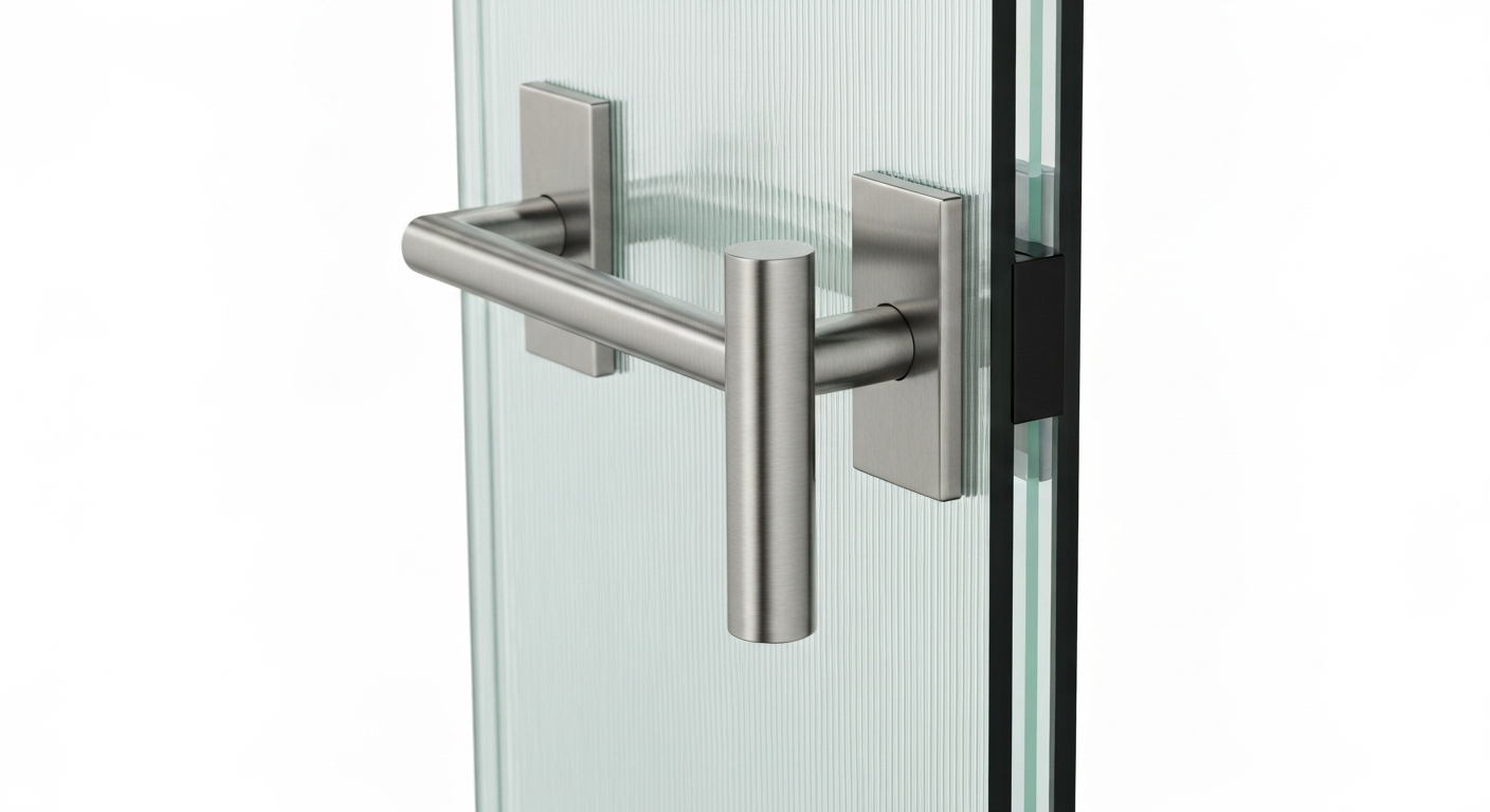 Frameless glass office partition door hardware detail.