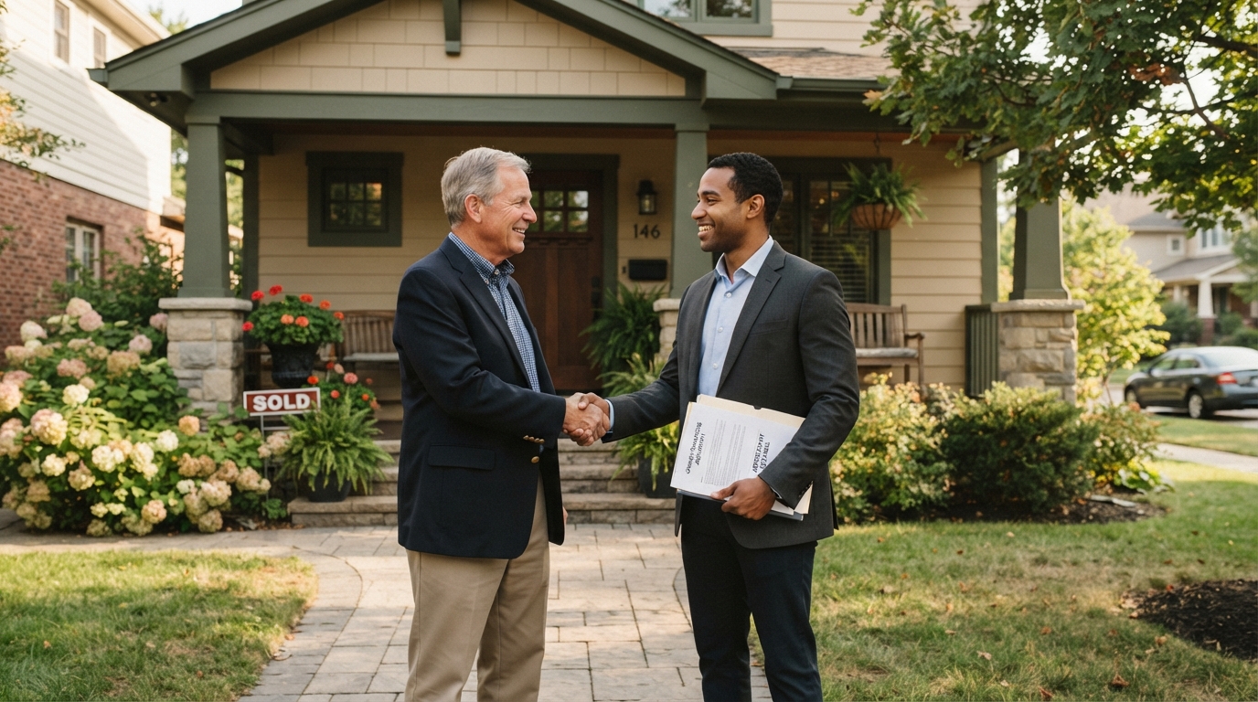 Buyer and seller shaking hands in front of a home, representing an owner financing agreement