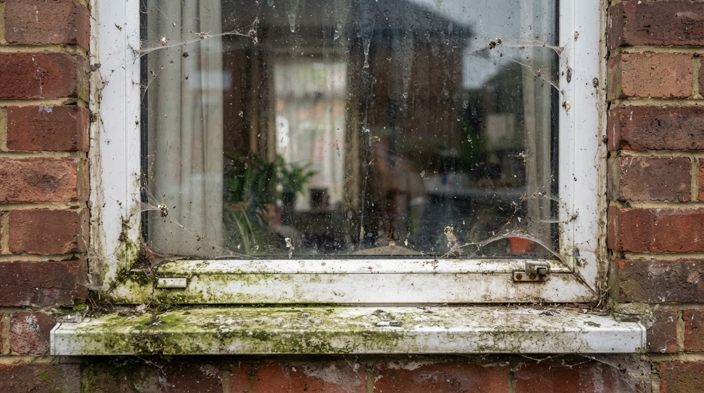 Dirty exterior window glass covered in grime, water spots, pollen and environmental staining before a Skyhawk PureView clean