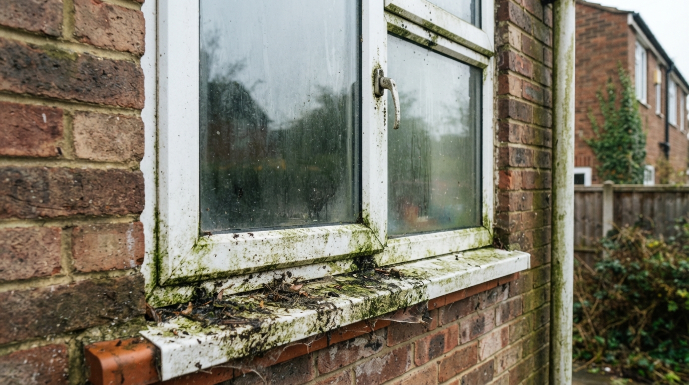 Dirty white UPVC window frames and sills with green algae, black mould and grime build-up before cleaning