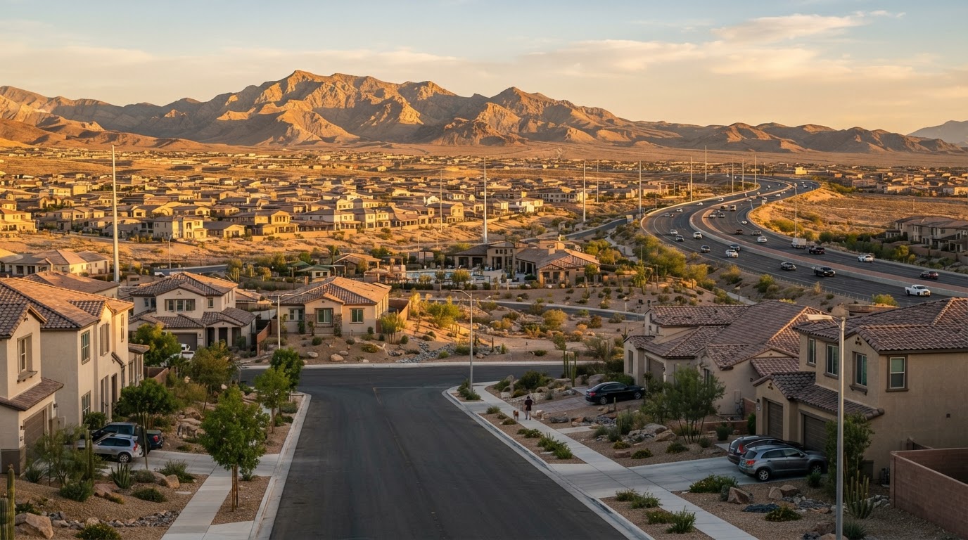 <a href="/las-vegas-nv/centennial-hills-homes-for-sale" class="text-primary font-semibold hover:underline transition-colors" data-auto-link="/las-vegas-nv/centennial-hills-homes-for-sale">Centennial Hills</a> northwest Las Vegas at golden hour showing newer single-family homes with desert landscaping and mountains on the horizon