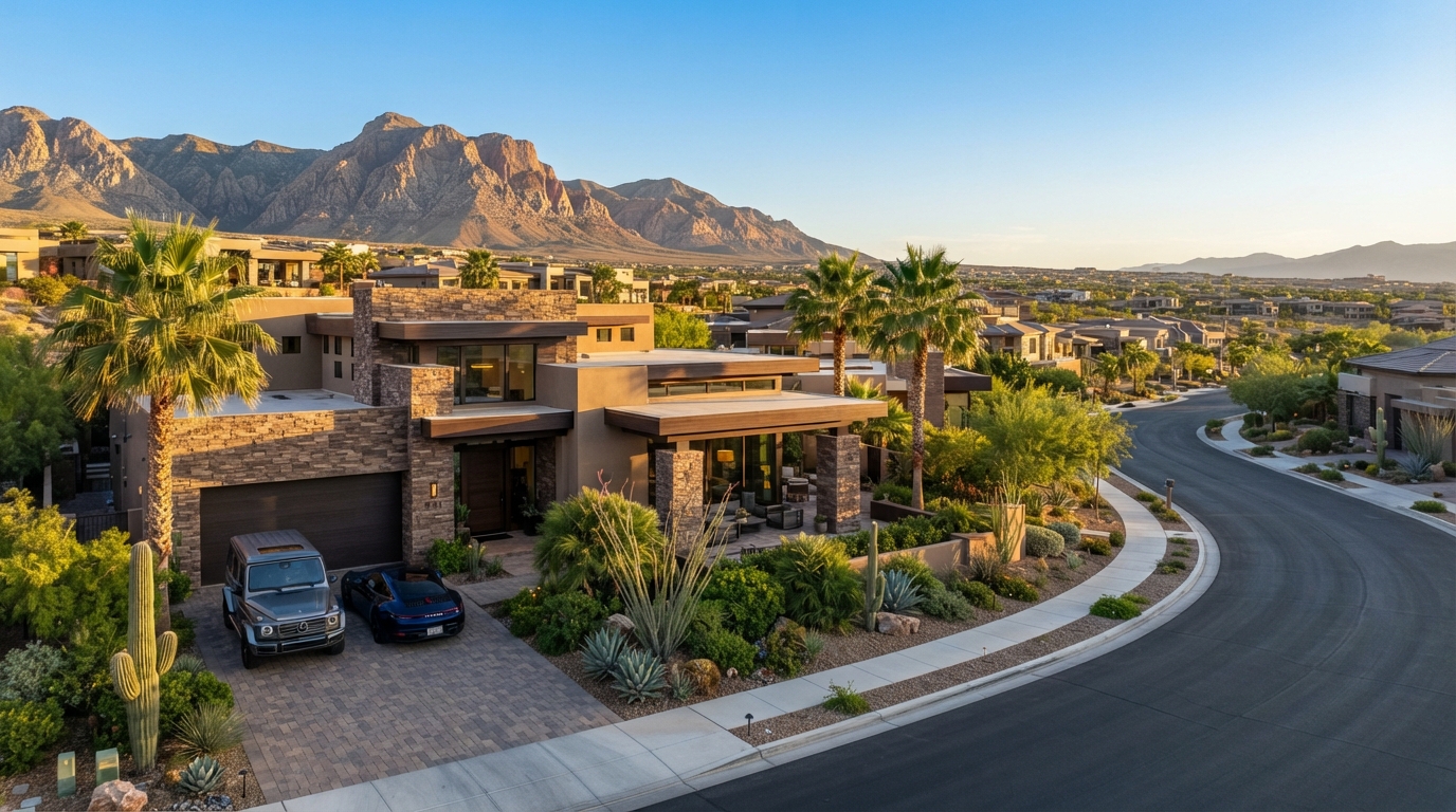 Las Vegas residential real estate with desert architecture and Spring Mountains backdrop