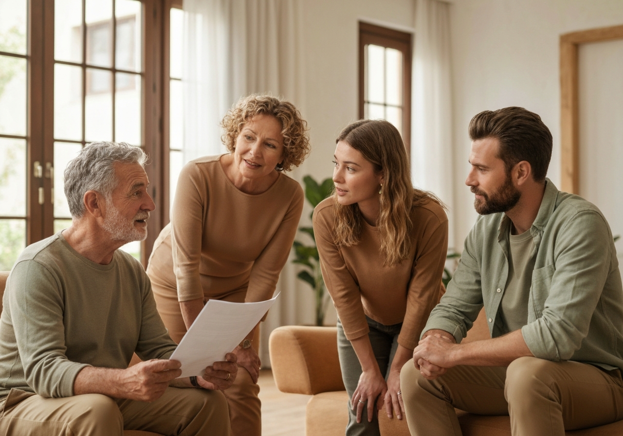 Three adult siblings and elderly parent in collaborative discussion