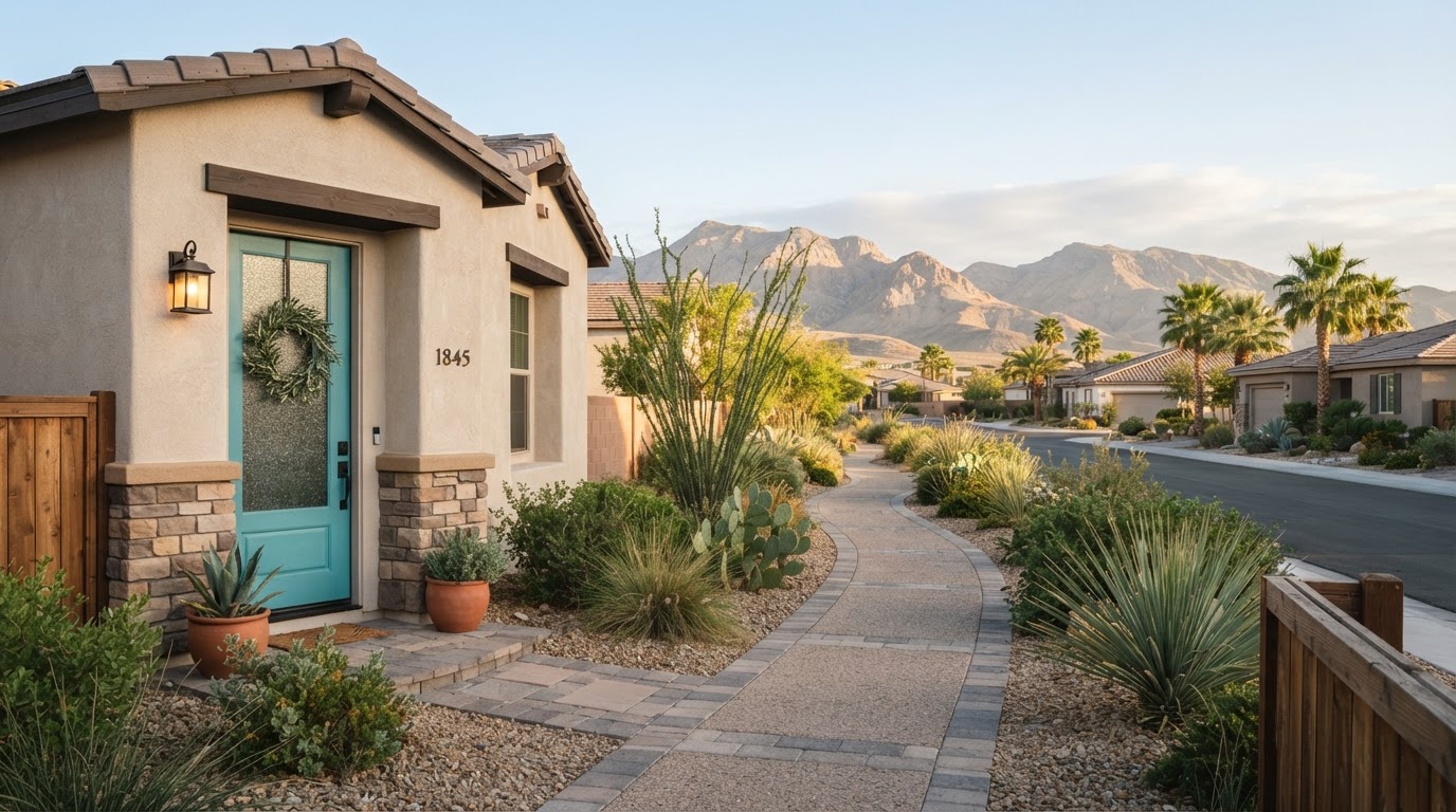 Bright Southern Nevada residential doorway and quiet walking path representing clarity and a forward-looking next step after divorce
