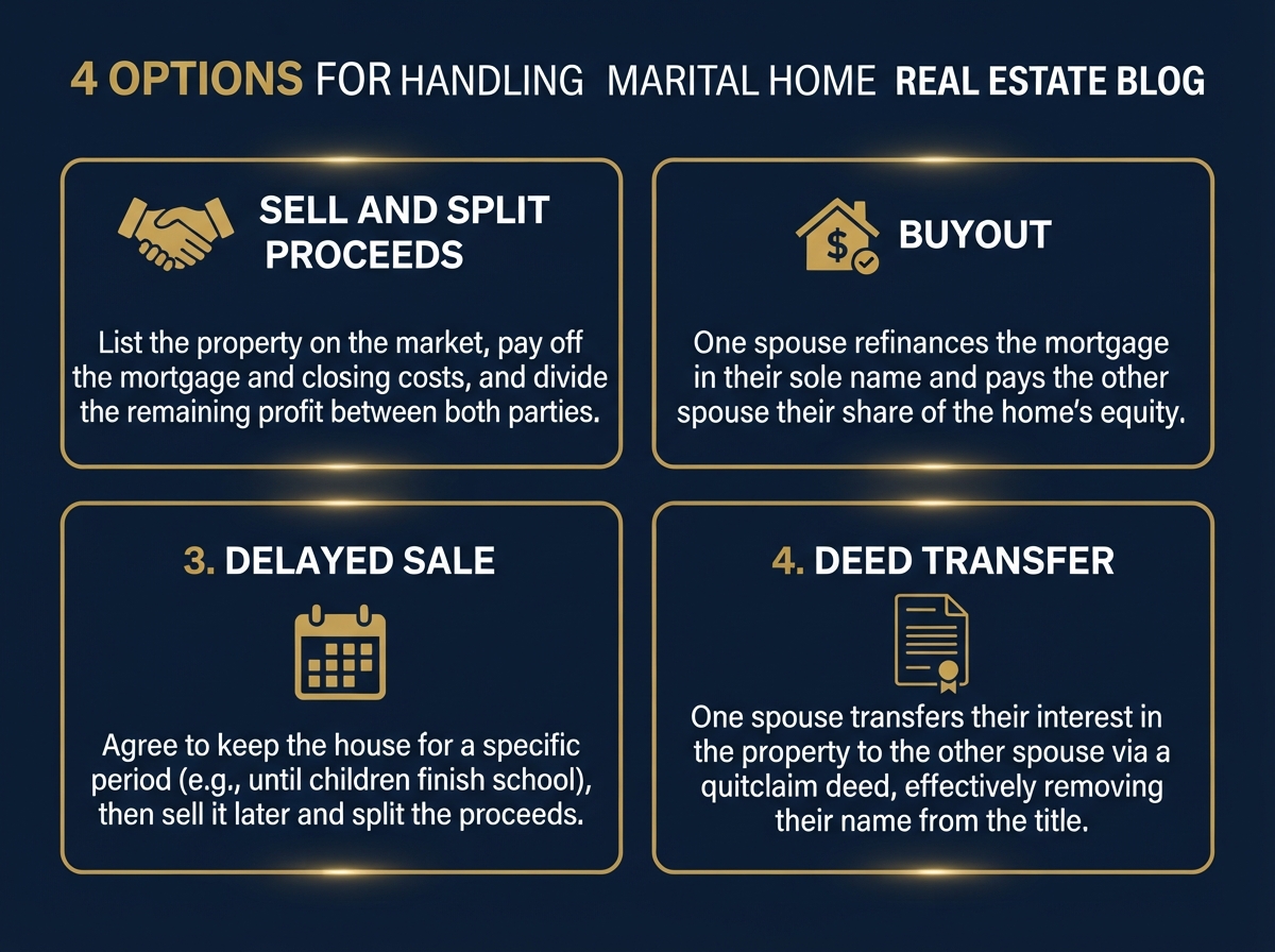 Infographic showing four options for handling marital home during divorce: sell and split proceeds, one spouse buyout, delayed sale, or deed transfer