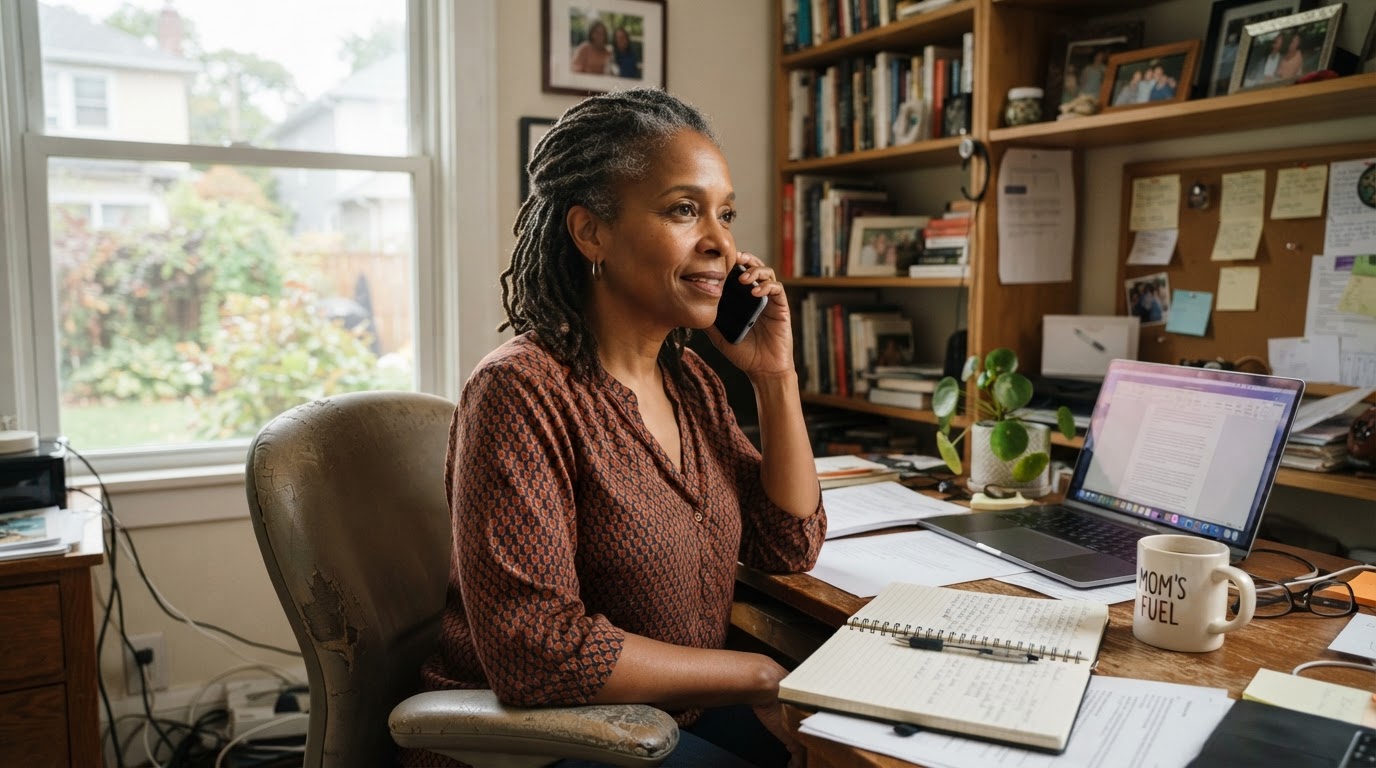 An African American woman in her 50s on a phone call at a home office desk, calm and focused, discussing mortgage options with her lender