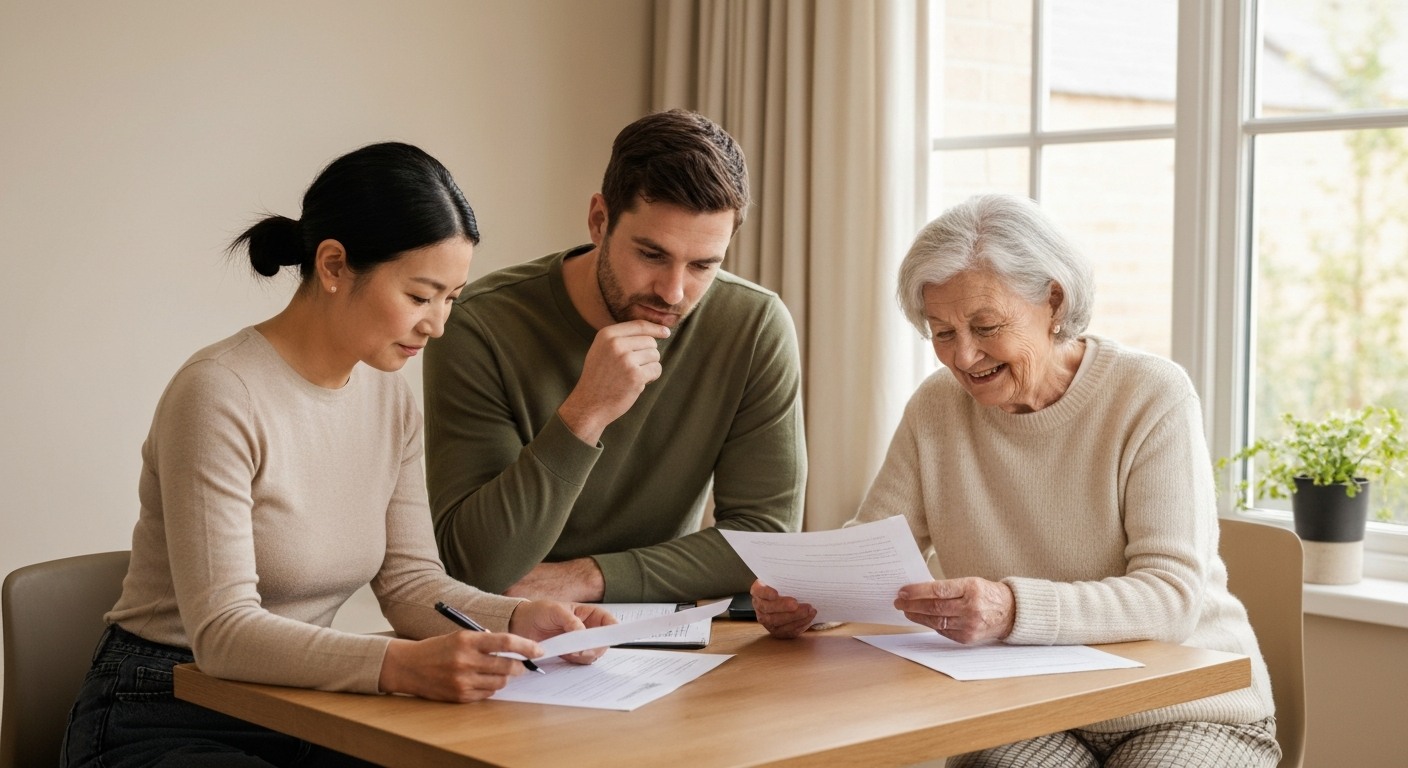 Adult daughter, adult son, and elderly mother reviewing care funding options and financial documents at dining table