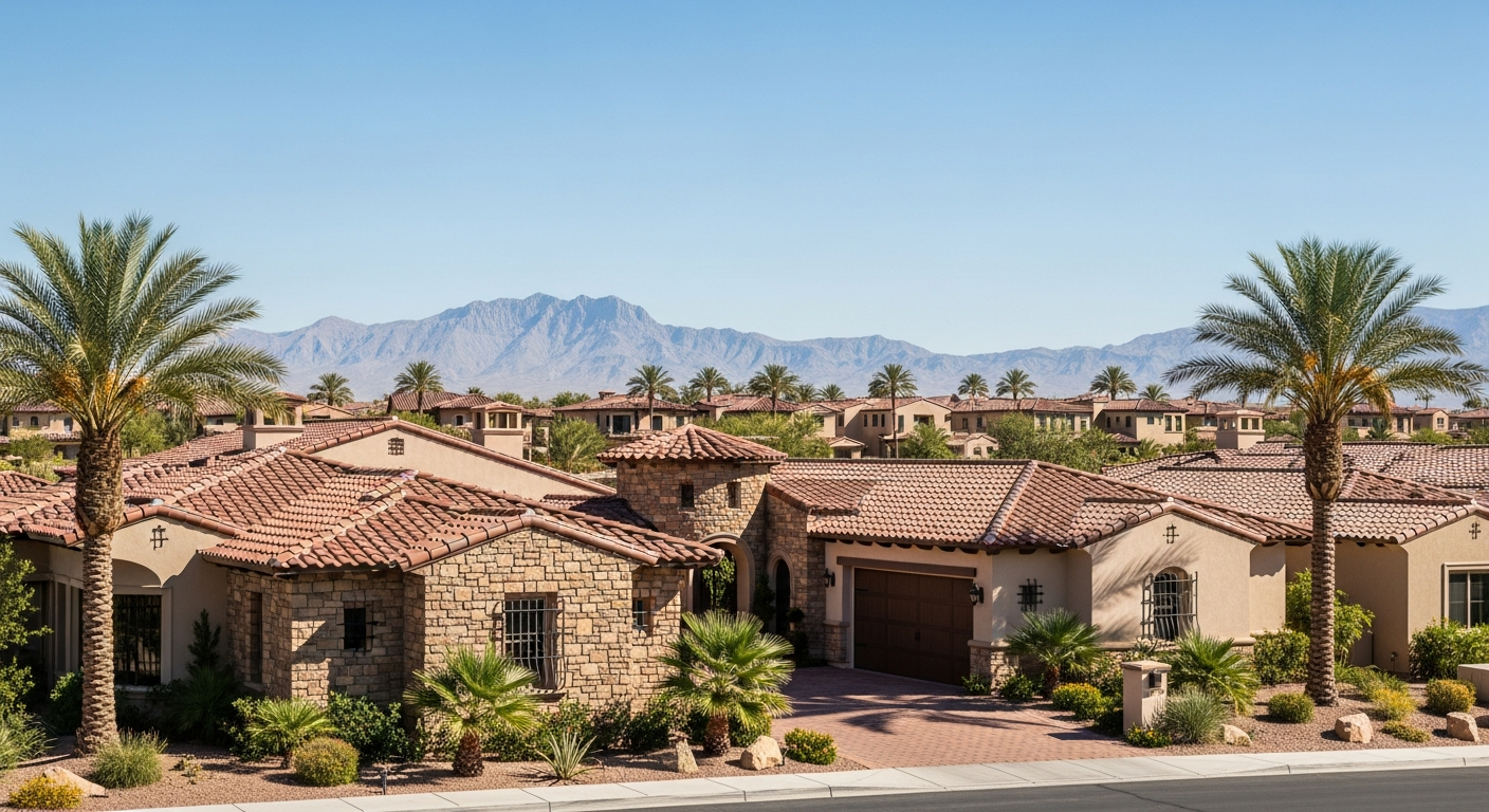 Luxury Mediterranean-style homes in Siena Summerlin Las Vegas Nevada with desert mountain backdrop