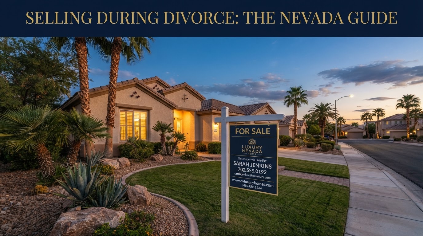 Las Vegas suburban neighborhood at dusk showing single-family homes with desert landscaping, representing community property division in Nevada divorce