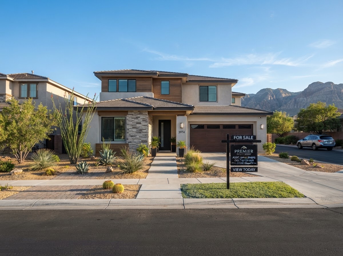 Modern Las Vegas single-family home with a For Sale sign in the front yard, clean desert landscaping, representing a balanced <a href="/las-vegas-real-estate-market-trends" class="text-primary font-semibold hover:underline transition-colors" data-auto-link="/las-vegas-real-estate-market-trends">real estate market</a>