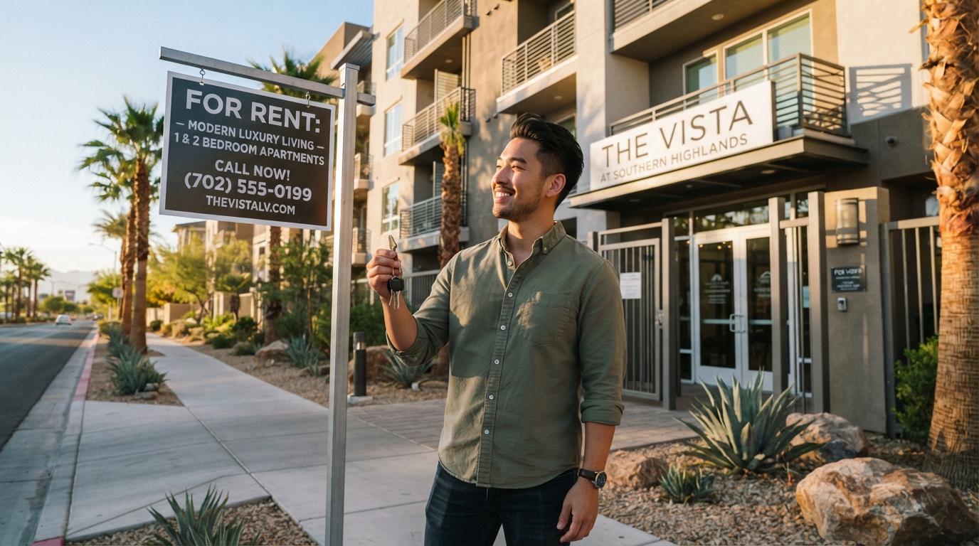 Asian-American man standing in front of a Las Vegas apartment complex holding keys and looking at a For Rent sign