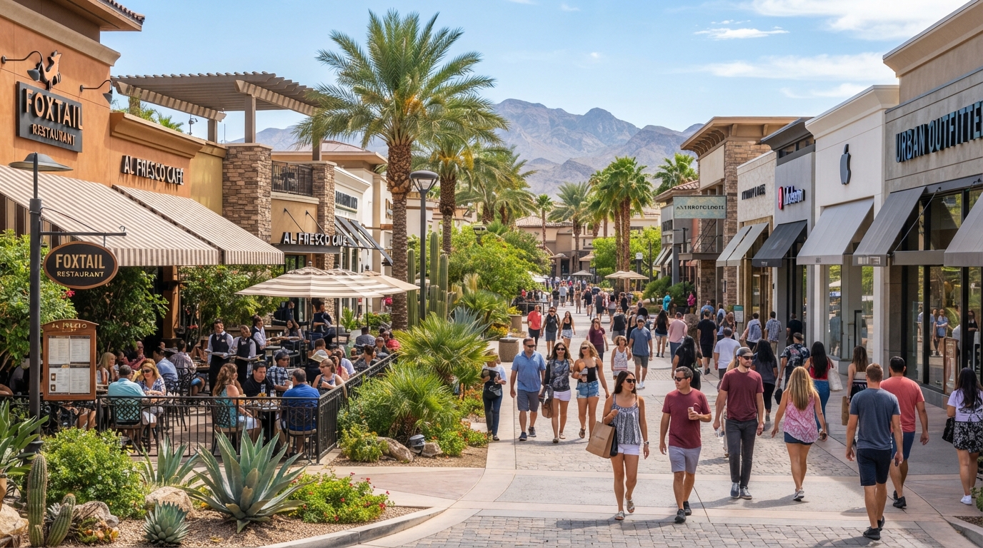 Las Vegas area open-air retail and dining promenade with outdoor patios