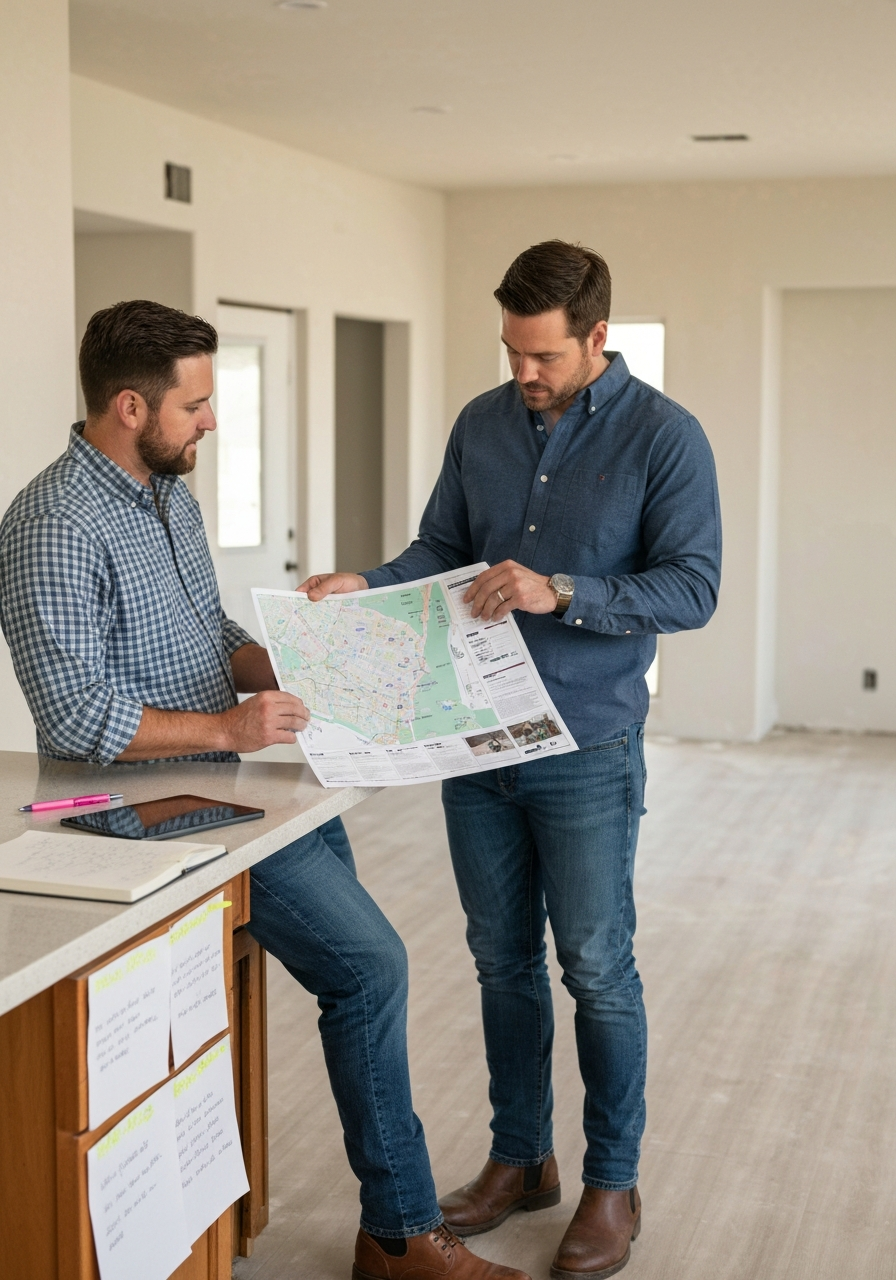 Realtor reviewing property map with investor