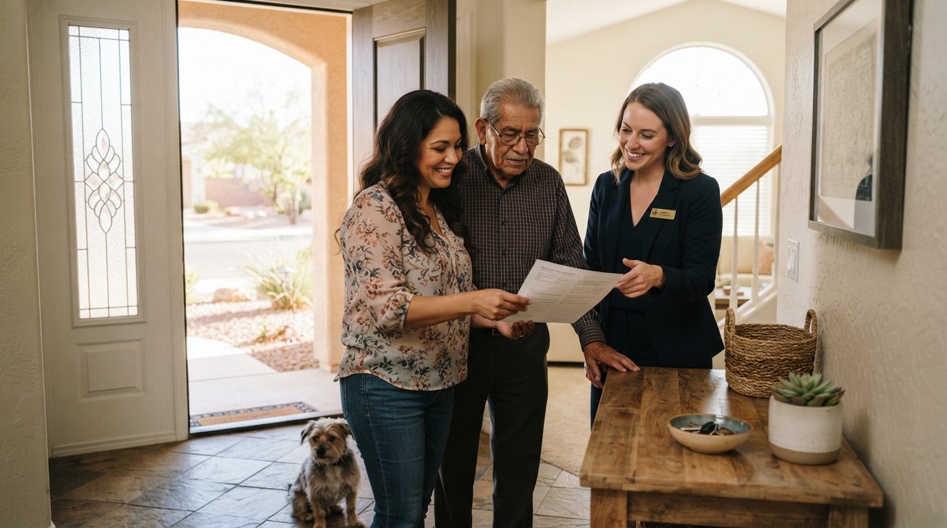 A diverse family with a Hispanic woman, her elderly father, and a real estate professional reviewing documents together in a Las Vegas home entryway