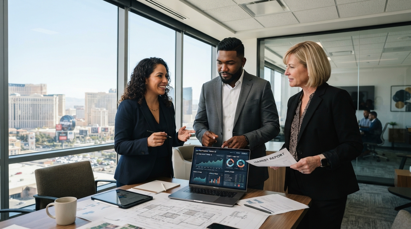 A diverse group of three real estate professionals — a Black woman in her 40s, a Latino man in his 30s, and a white woman in her 50s — standing around a table with property documents and a laptop showing market data charts, discussing strategy in a modern Las Vegas office