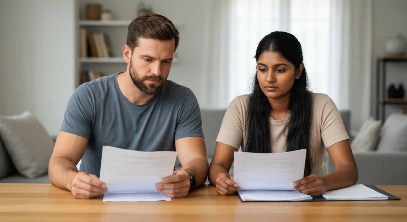 A diverse husband and wife seated at a table reviewing financial documents.