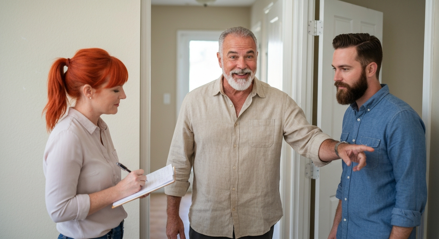 Steve-like Realtor walking through a recently purchased investment property with two investors