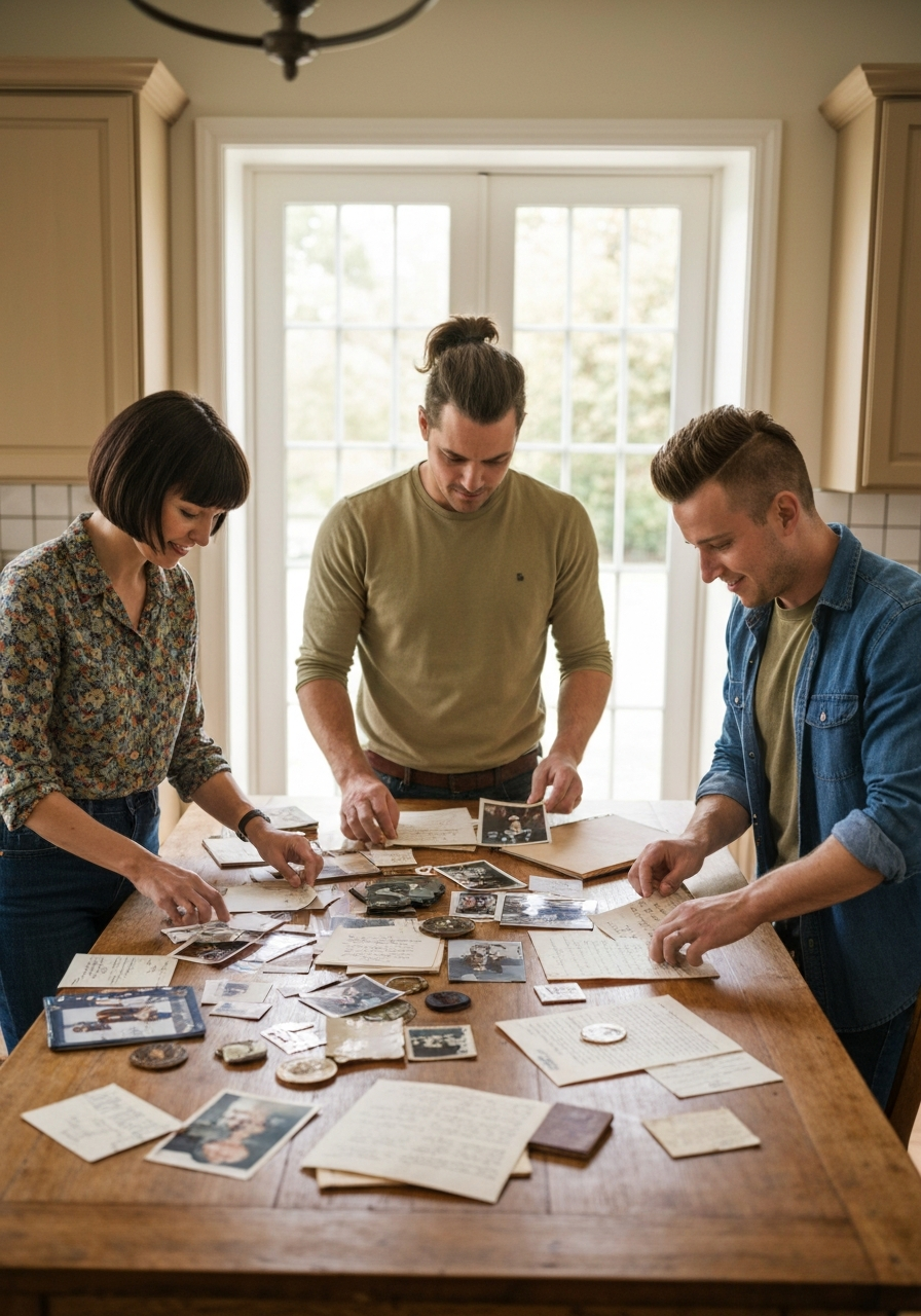 Adult children sorting family photographs, military memorabilia, heirlooms, handwritten letters, and keepsakes around a dining table.