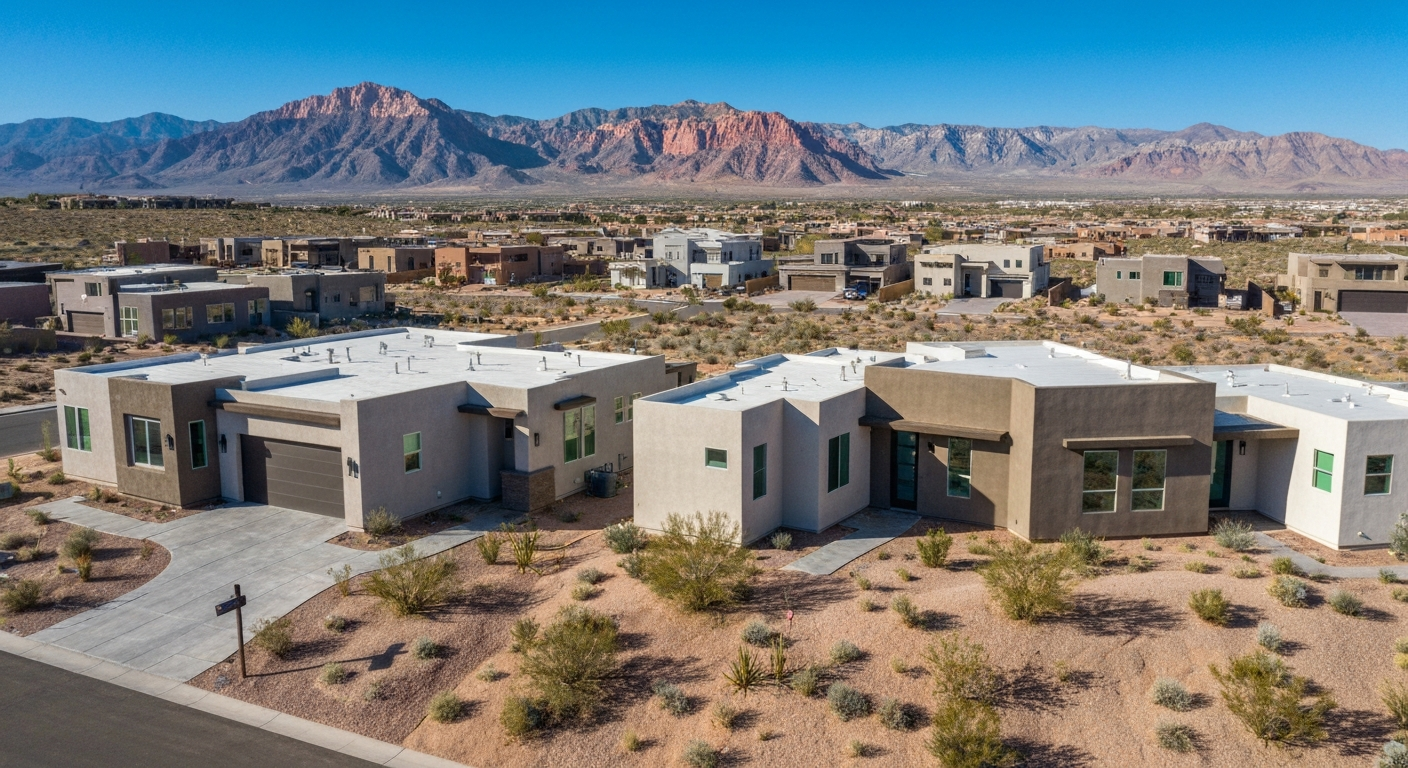 Modern luxury new construction homes in Kestrel Summerlin West Las Vegas Nevada with Red Rock Canyon backdrop
