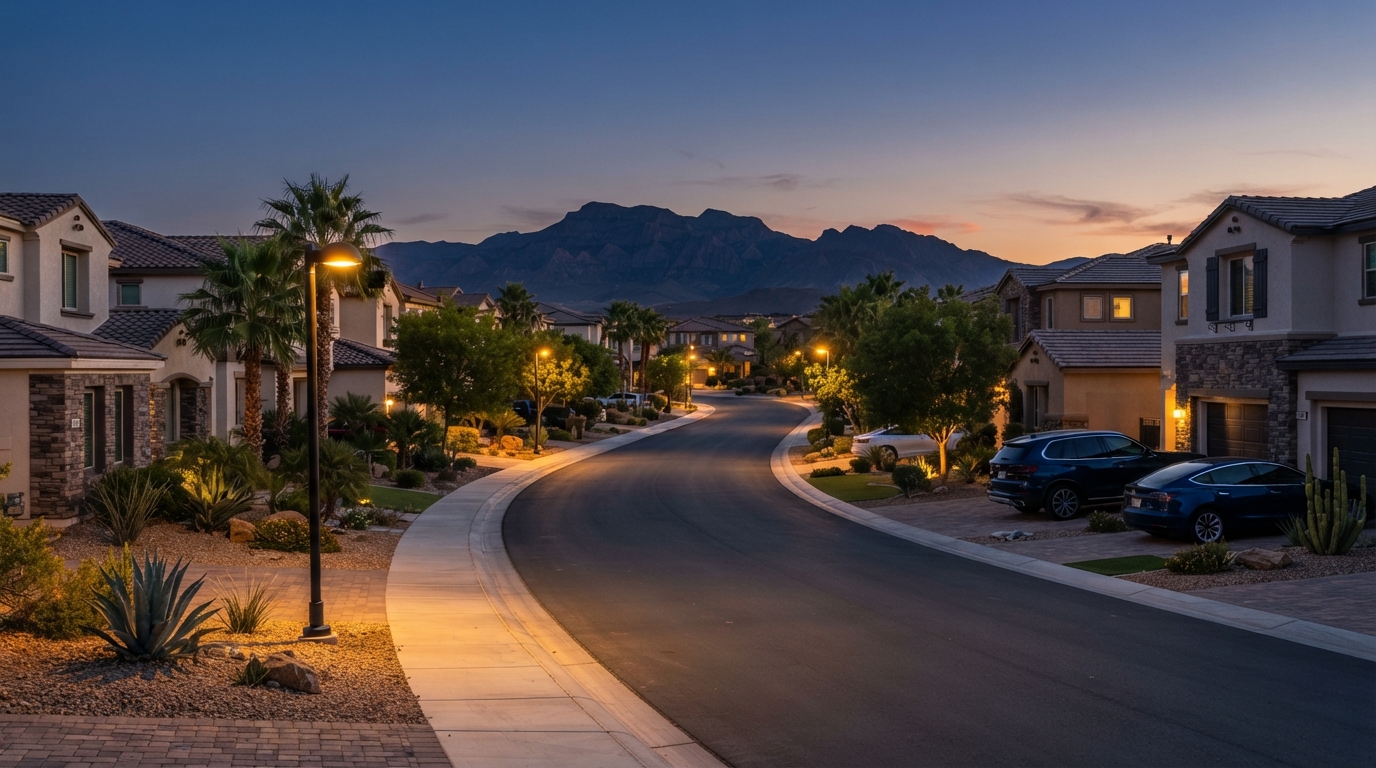 Quiet Las Vegas residential neighborhood street at dusk with desert landscaping and mountain backdrop