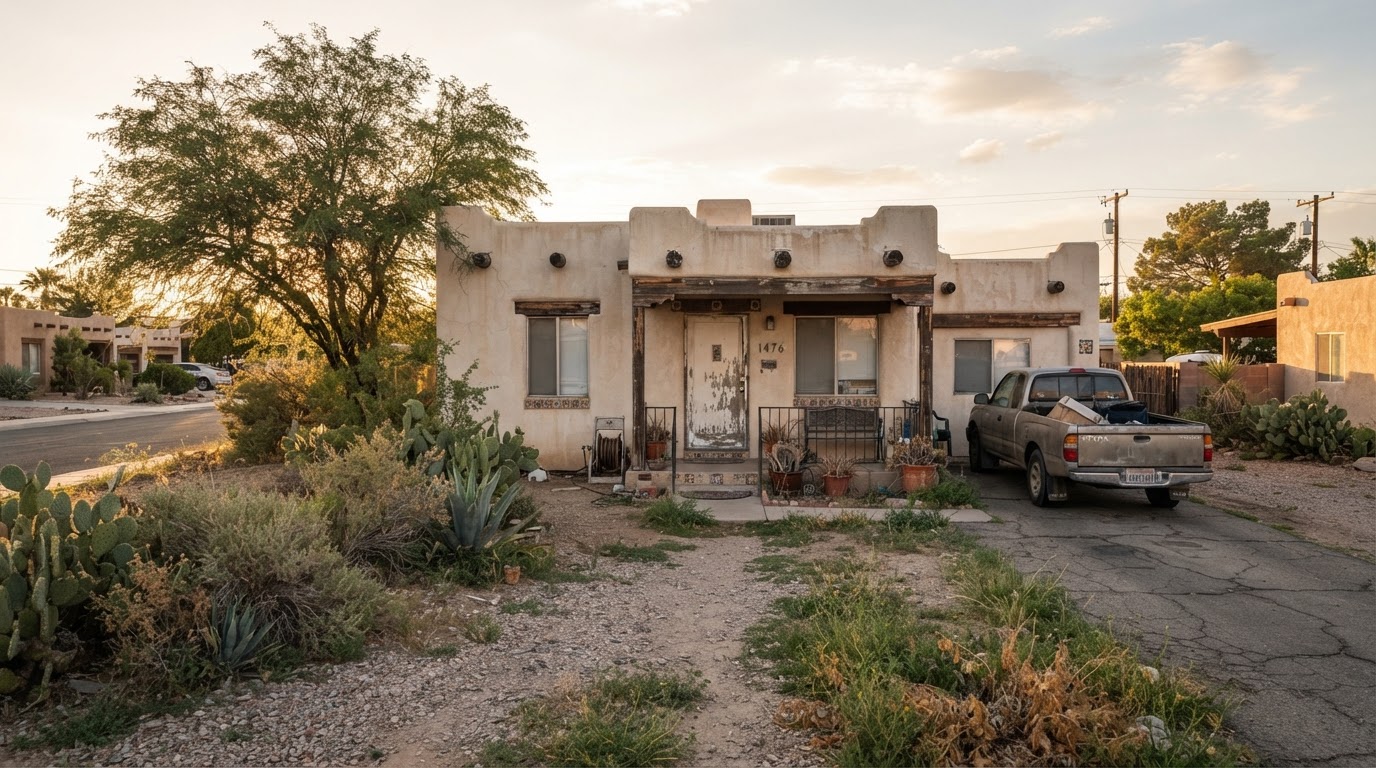 A well-maintained Las Vegas single-story Southwest-style home with slightly overgrown desert landscaping showing signs of deferred maintenance