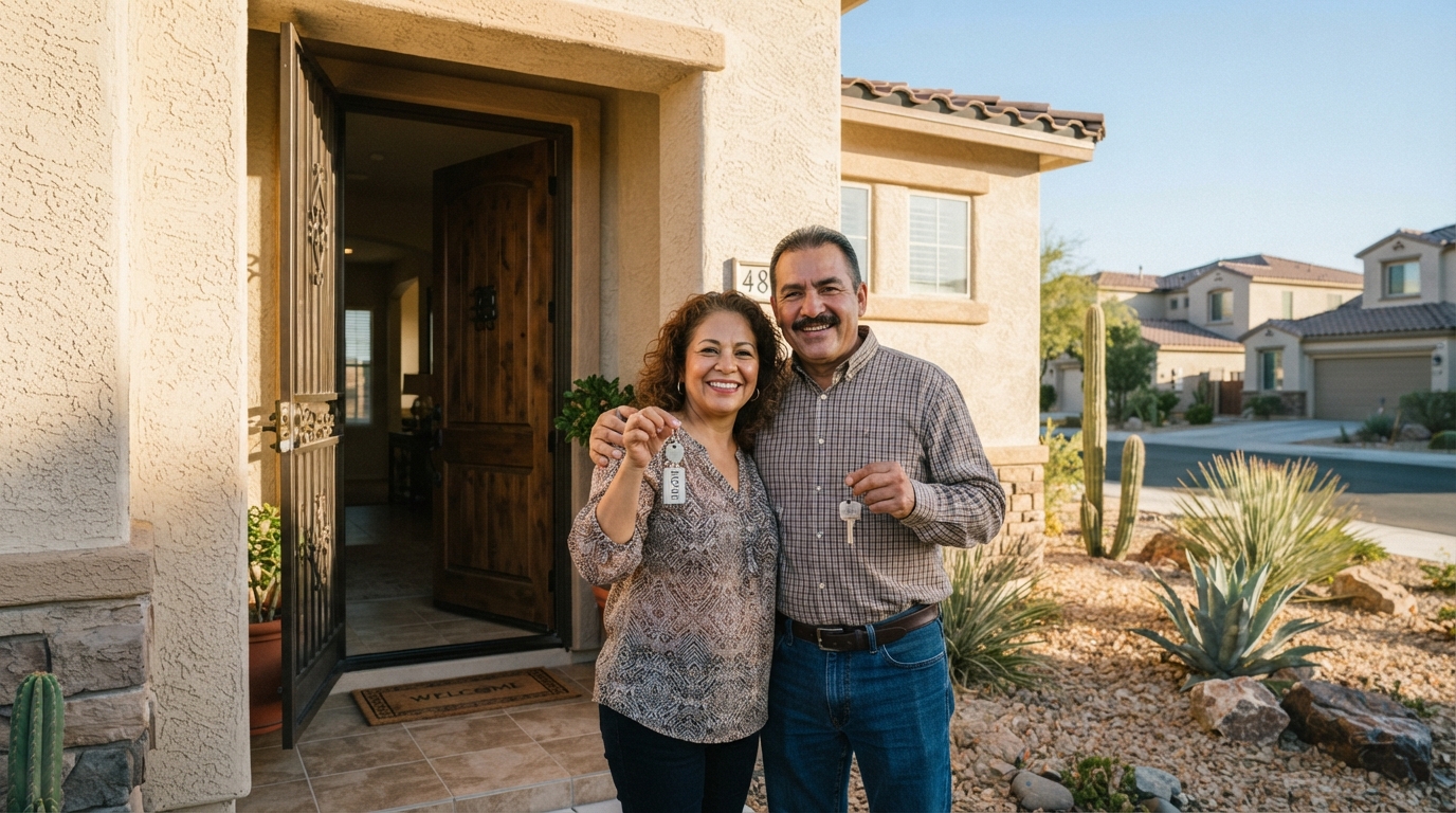 Latino couple standing in the doorway of their new Las Vegas home holding house keys with pride and relief